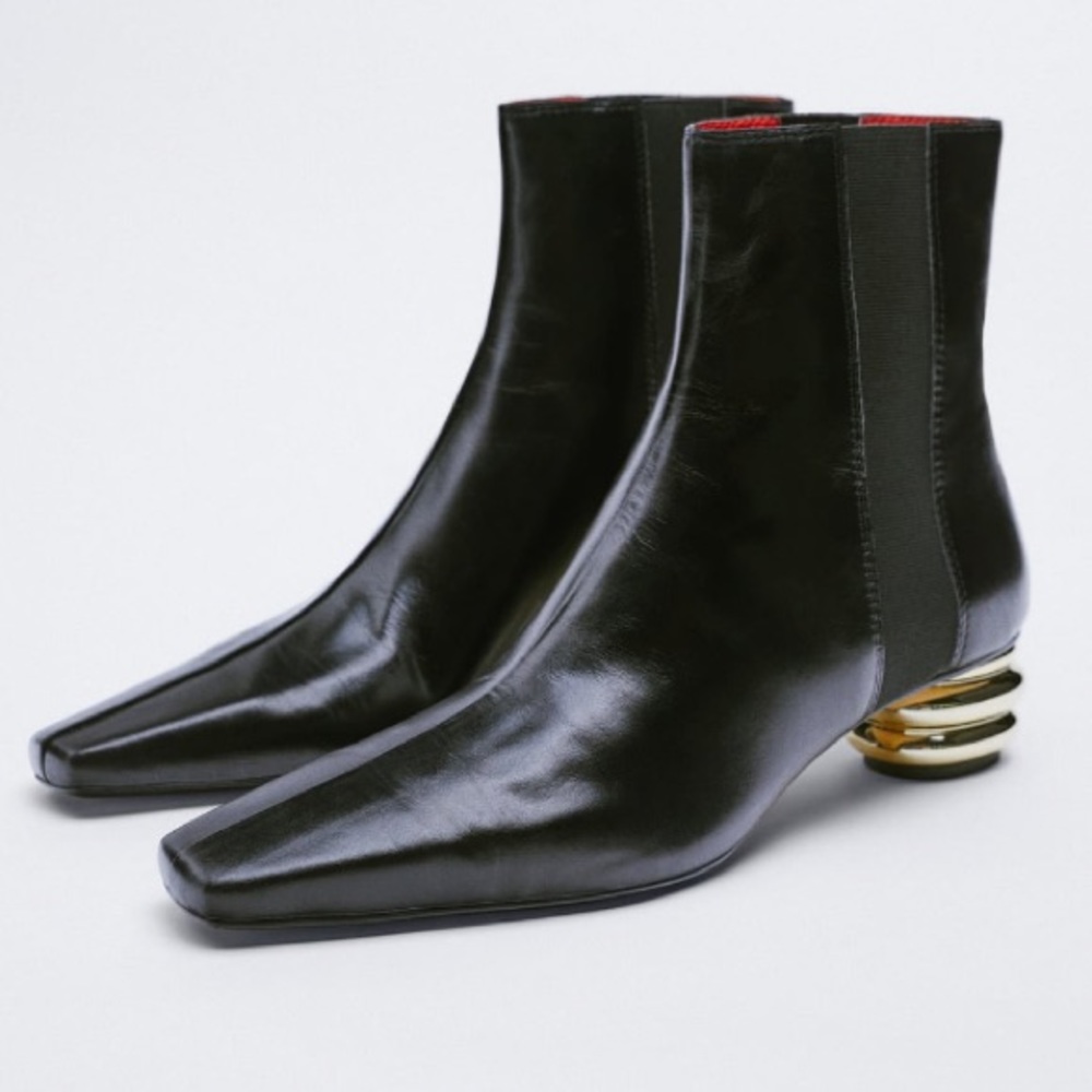 NEW! Zara Metal Trim Heeled Leather Ankle Booties - Picture 4 of 10